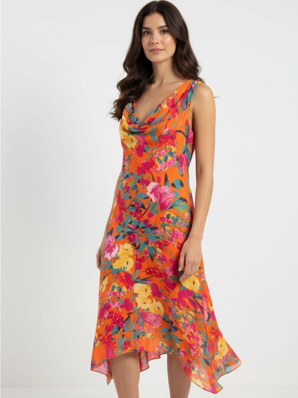 New Robbie Bee Orange Floral Asymmetrical Cowl Dress size 18 W